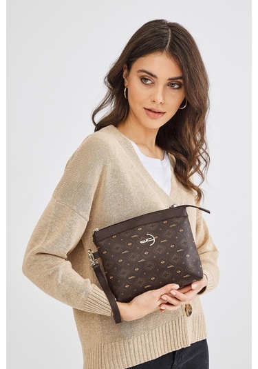 Deri Company Kadın Basic Clutch Çanta Monogram Desenli Logolu Kahverengi Taba (4010K) 214009 Kahverengi - Taba