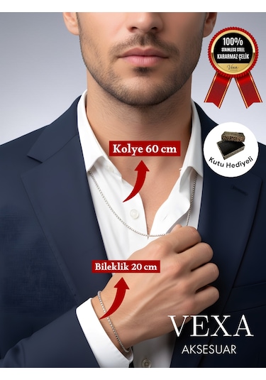 İthal Premium 3 Mm Kararmaz Örme Çelik Kolye Ve Bileklik Set - Kutulu Ve Hediyeli Ürün Gümüş