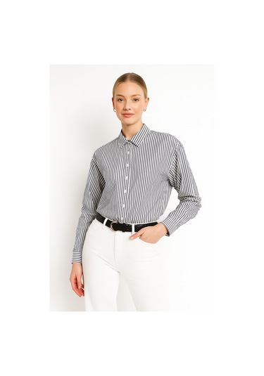 Kadın Çizgili Oversize Gömlek Antrasit Beyaz Pamuk Gömlek Antrasit