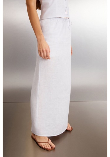 GRIMELANGE Ombretta Kadın %100 Keten Regular Beyaz Etek Beyaz