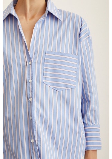 Trendquel Çizgili Poplin Gömlek Mavi Mavi