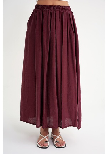 4612 Kadın Yandan Cepli Pileli Bol Etek Bordo Bordo