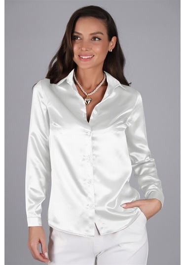 Sweetness Kadın Ekru Saten Uzun Kol Abiye Gömlek Ekru