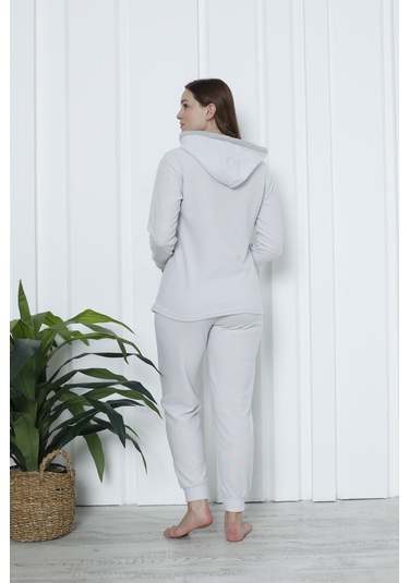 Fawn 3903 Peluş Welsoft Polar Kışlık Kapşonlu Kadın Pijama Takımı Açık Gri