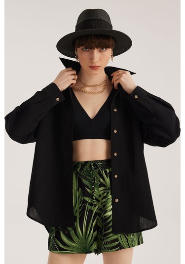 Stella Pulvis Siyah Keten Karışımlı Oversize Gömlek Siyah