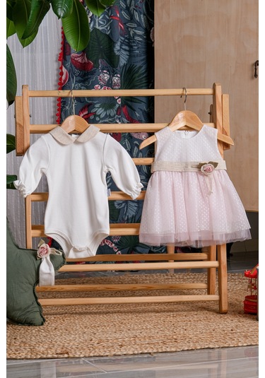 Simli Tüllü Çiçek Aksesuarlı Bebe Kız Mevlütlük Badili Bandanalı Elbise Pembe