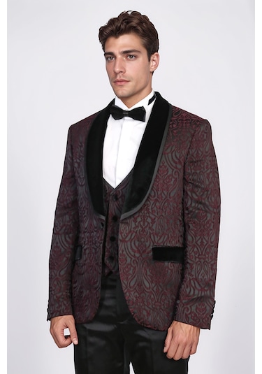 Barok Desenli Kadife Şal Yaka Yelekli Bordo Smokin - Wessi Bordo