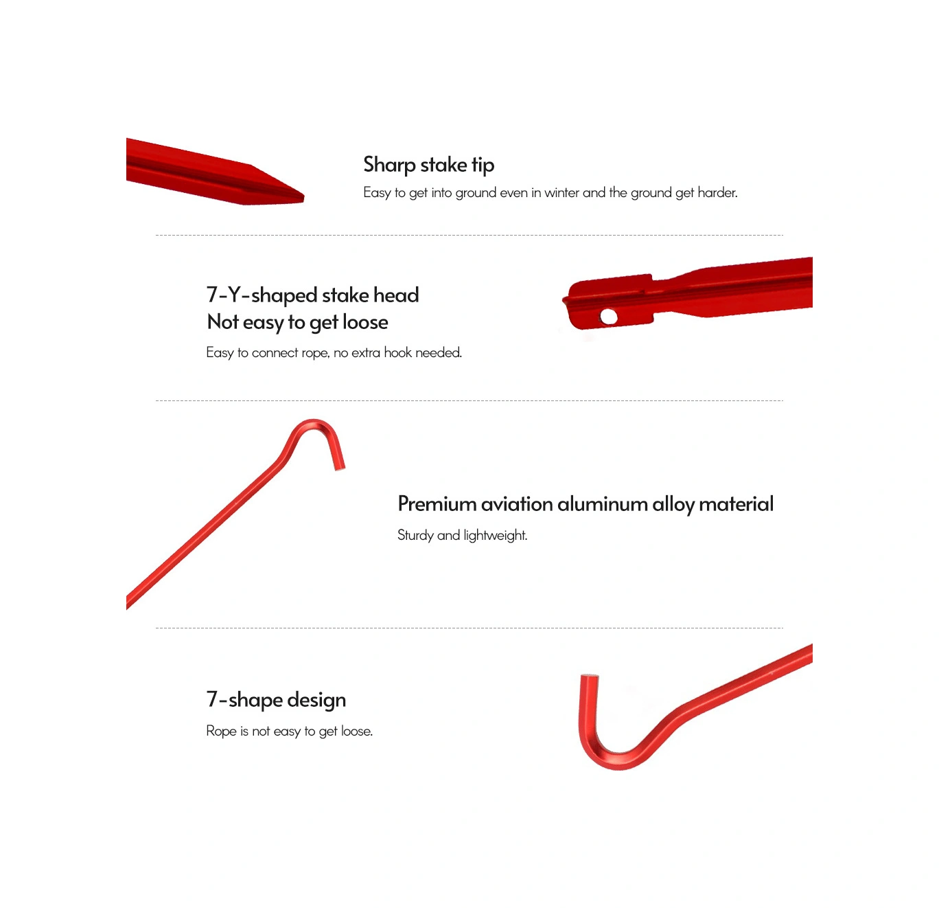 Neevoyu Kamp Çadırı Alüminyum Toprak Çivi 6 Adet - Dayanıklı, Hafif, Dökülme Engeli - Kırmızı 7 Tipi + Depolama Çantası Kırmızı