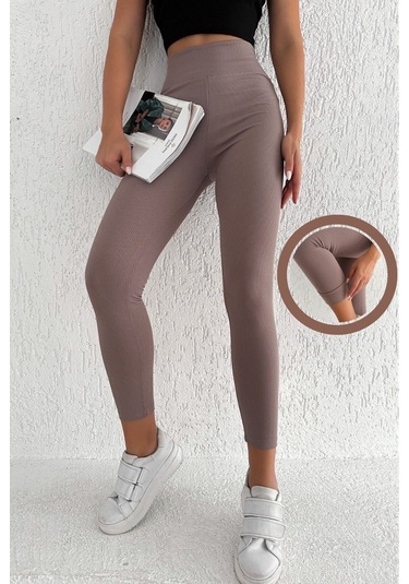 Kadın Içi Polarlı Fitilli Yüksek Bel Toparlayıcı Tayt Vizon