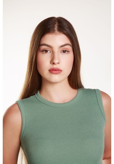 Kadın Fitilli Likralı Sıfır Kol Bisiklet Yaka Örme Atlet Tshirt Bluz Çağla Yeşili