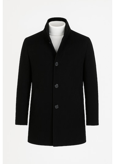 Erkek Siyah Slim Fit Dik Yaka Kaşe Kaban-Siyah