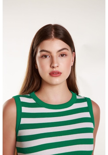 Kadın Yeşil Beyaz Çizgili Fitilli Likralı Sıfır Kol Bisiklet Yaka Örme Atlet Tshirt Bluz Yeşil - Beyaz
