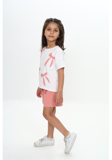 Toontoy Kız Çocuk Fiyonk Baskılı Şortlu Takım Koyu Pudra