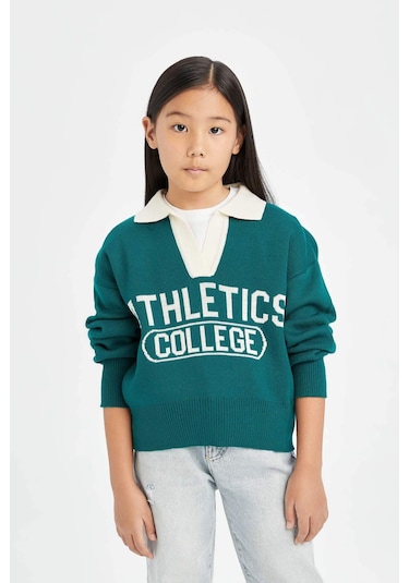 DeFacto Kız Çocuk Polo Yaka Yazı Baskılı Triko Kazak D3190A824WNGN994 Yeşil