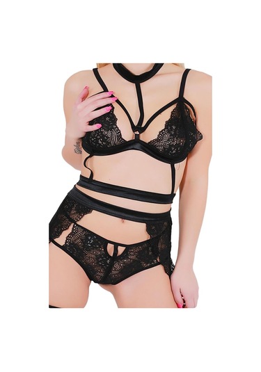 Sistina Bayan Siyah Dantel Jartiyer Takım 815 Siyah