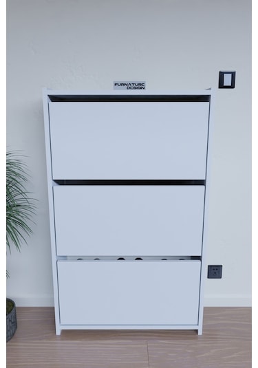 Düşer Kapak Duvara Monte Kayar 3 Raflı Ayakkabılık - Beyaz Diğer