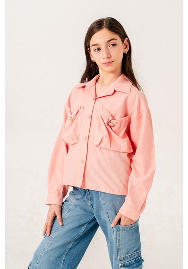 Kız Çocuk Körük Cepli Gömlek 3155 Somon