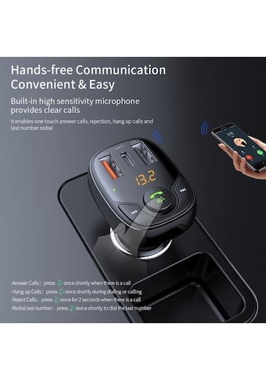 Rock B301 Çift Usb + Pd Bluetooth 5.0 Fm Verici Ve Araç Şarj Cihazı, Destek Tf Kartı / U-disk Siyah