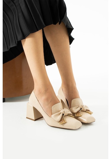 Paris Shoes Kadın Açık Bej Lazer Desenli Topuklu Ayakkabı Açık Bej