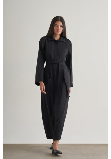 Mizalle Modal Karışımlı Kuşaklı Siyah Uzun Gömlek Elbise Siyah