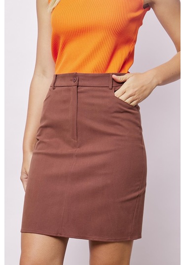 Kadın Cep Detaylı Diz Üstü Hafif Likralı Pamuklu Kumaş Kalem Etek-kahve Kahve