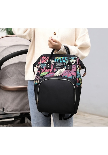 Sones Çiçek Desenli Şık Anne Bebek Seyahat Çantası, Biberon Bölmeli Çanta Mavi