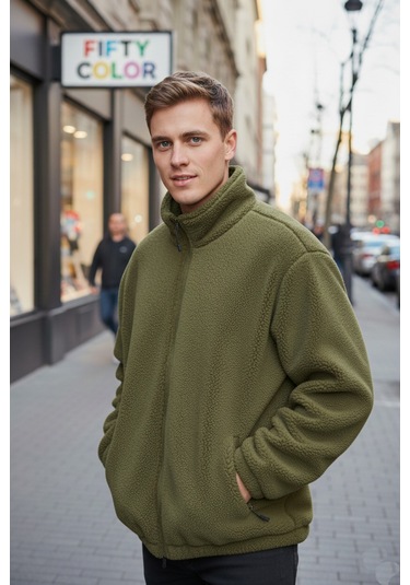 Haki Premium Kalite Dik Yaka, Fermuarlı, Polarlı, Peluş Ceket Haki