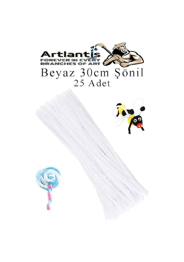 Şönil 30 Cm 25 Li 1 Paket Renkli Tüylü Tel Okul Öncesi Anasınıfı Kreş Hobi Eğitici Şönil Pipo Temizleyici Tüylü Tel Beyaz