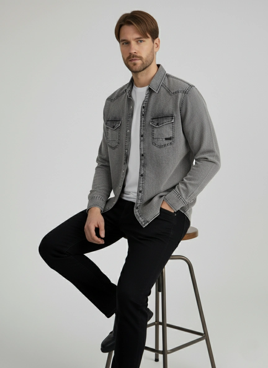Erkek Gömlek Slim Fit Yıklamalı Kot Gömlek Gri