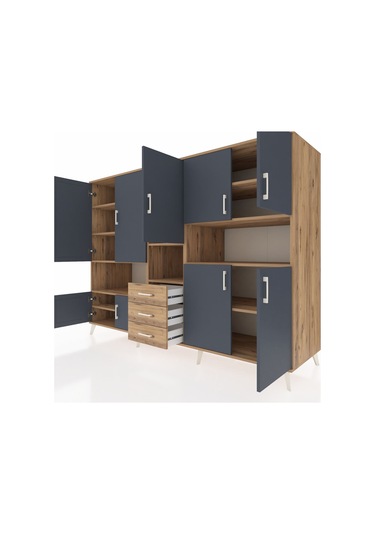 Kronos Dolap 13 Raflı 3 Çekmeceli 9 Kapaklı 220x59x163 Çam-antras Çam-antrasit/çam