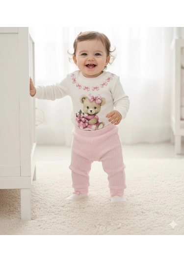 Kız Bebek Ayıcık Baskılı Çıt Çıtlı Alt Üst İkili Gündelik Takım Pembe