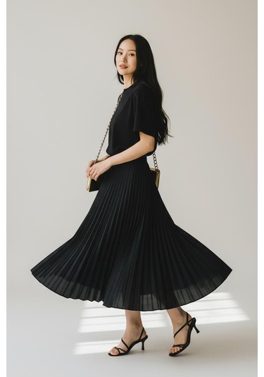 Pileli Pamuklu Dokuma Viskon Kışlık Etek 95 Cm - 38-48 Siyah