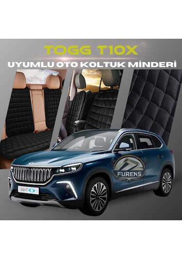 Togg T10x Siyah Renk Tay Tüyü Cepli & Terletmez Sırtlı Oto Koltuk Minder Seti - Koltuk Koruma Kılıfı Ön & Arka Tam Set