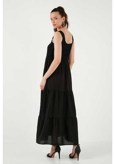 Lela Relaxed Fit Volanlı Uzun Bayan Elbise 611El010 Siyah