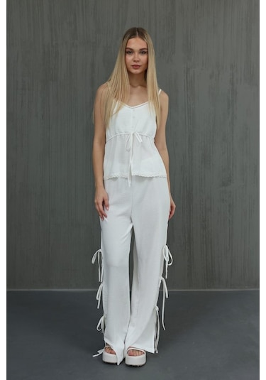 Gülsüm Aydın Fiyonklu Bluz Takım - Beyaz Beyaz