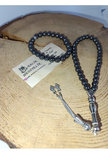 Doğaltaş Tespih-bileklik Takım Ahşap Kutulu /hematit Taşı Hmtt-10 Gri - Siyah