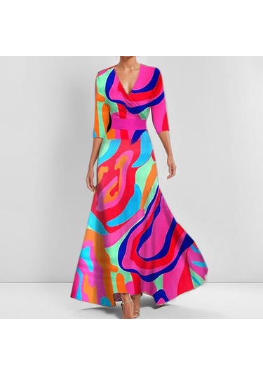 Kadın Modası Zarif Mizaç V Yaka Baskılı Daralan Pileli Büyük Etek Uzun Elbiseler Beyaz