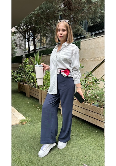 Elif Tarakçı Butik Pamuklu Çizgili Gömlek Mavi Çizgili