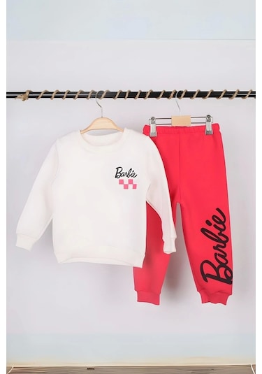 Kız Çocuk Barbie Baskılı Fuşya 3 İplik Şardonlu Kışlık Sweat Ve Eşofman Alt Üst Takım Fuşya