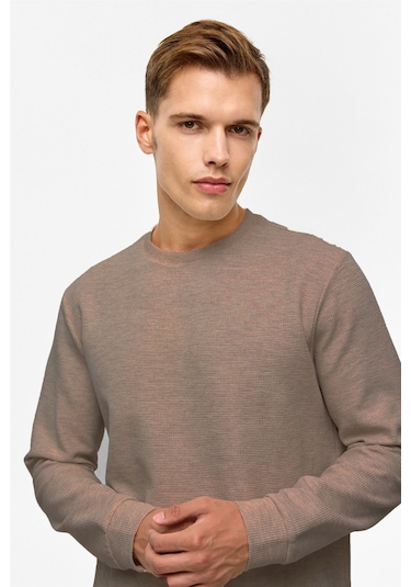 Süvari Bol Kesim O Yaka Melanj Desenli Waffle Sweatshirt Koyu Kahve Kh9