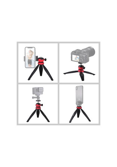 Sones Puluz 20cm Cep Plastik Tripod Montajı 360 Derece Küre Başlı Akıllı Telefonlar, Gopro, Dslr Kameralar İçin Kırmızı