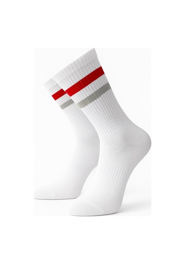 Erkek Spor Çorap 2 Li Set Pamuklu, Nefes Alan, Esnek Çizgili Model Gri Beyaz