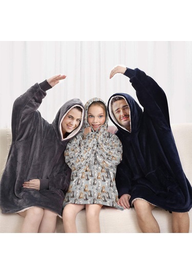 Cat Desenli Çocuk Giyilebilir Battaniye Hoodie, Oversize Kalın Polar, 6-13 Yaş-a60 Cat Variety Gray