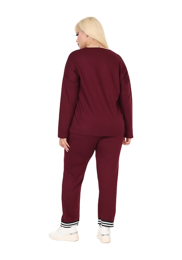 Melsay Butik Bordo V Yaka Yakası Şerit Detaylı Eşofman Takımı Bordo