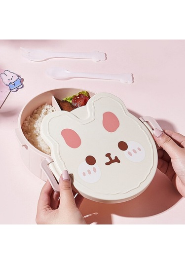 Teddy Bear Çocuklar İçin Çatal Ve Kaşıklı Üç Bölmeli Plastik Beslenme Kutusu Pembe