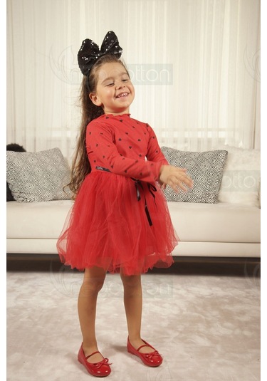 Kız Bebek-çocuk Uzun Kollu Doğum Günü Ve Özel Günler İçin Kalpli Tüllü Astarlı Elbise Kırmızı