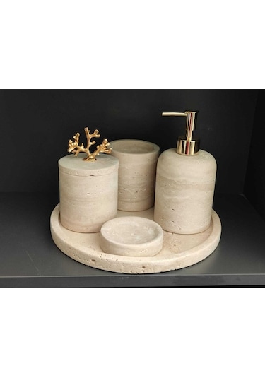 Doğal Taş Traverten 5'li Banyo Seti Gold Mercan Aksesuarlı Beyaz