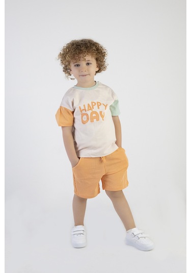 Erkek Çocuk Happy Day Baskılı Kısa Kollu Şortlu Basic Alt Üst Takım 001