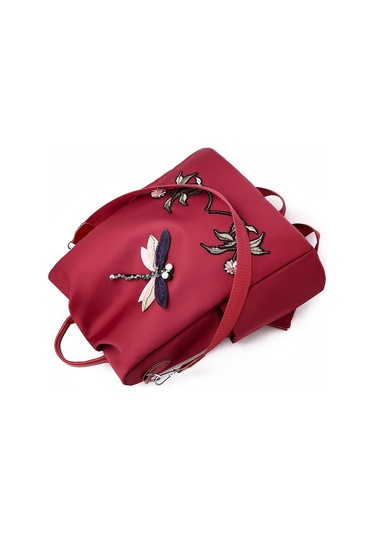 Kırmızı Yogodlns Nakış Dragonfly Su Geçirmez Sırt Çantası Kadın Oxford Omuz Çantası Rahat Seyahat Sırt Çantası Sırt Çantası Kırmızı