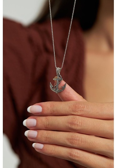 Roza Silver Otantik Denizci Gemi Çapası Oksitli 925 Ayar Gümüş Kolye Rn10216